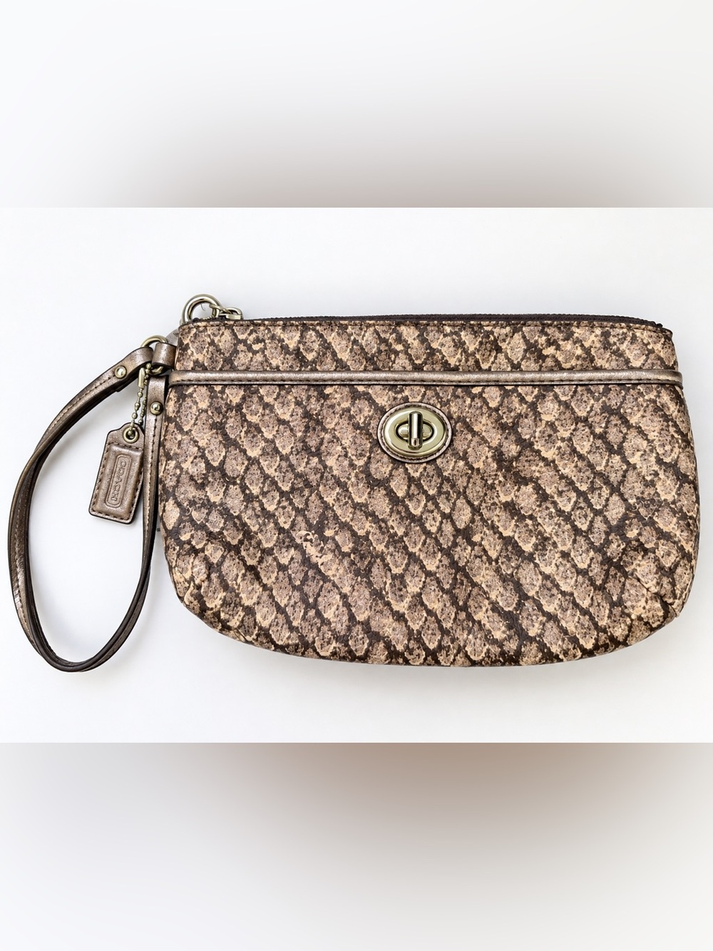 Coach Neutral Snake-Print wristlet Bag with Turn-Lock Closure